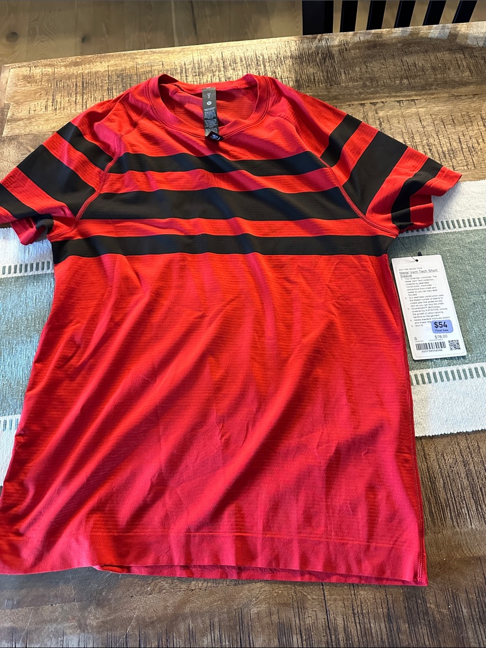 lululemon athletica Men's Red and Black Striped Crew Tee